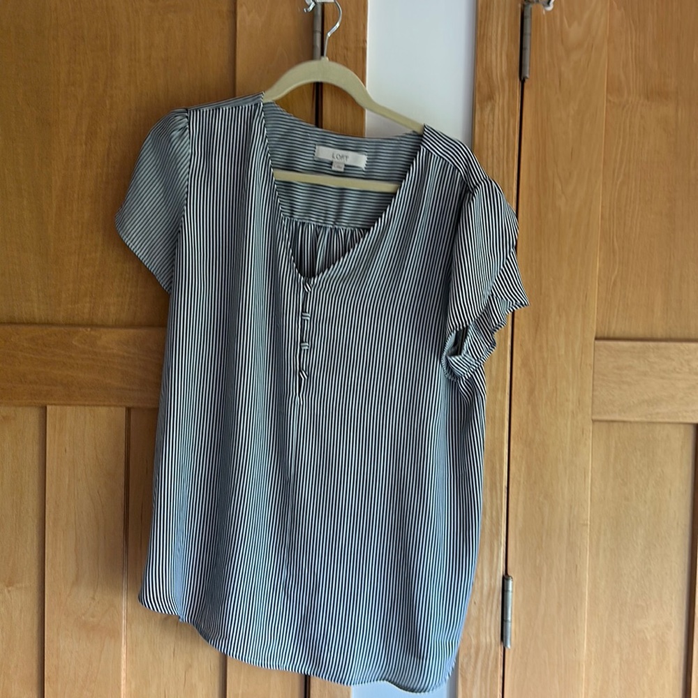 LOFT Black and White Vertical-Stripe Short Sleeve Blouse